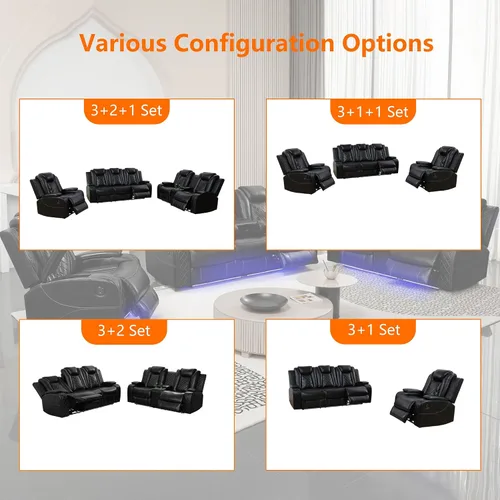 Miniatura 7 de Juego de sofá reclinable eléctrico con LED, juego de sofá de cuero transpirable para sala de estar, juego de sofá reclinable con puerto USB, Negro