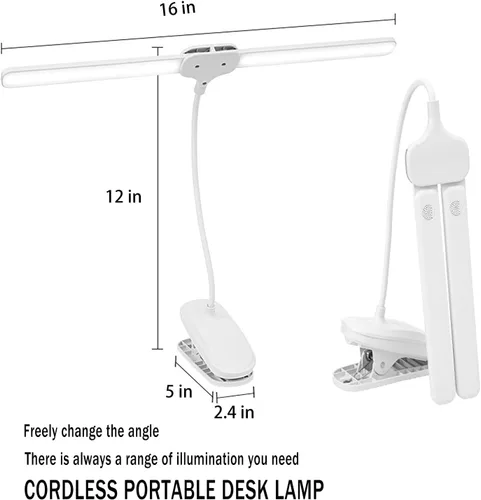 Miniatura 4 de Lámpara de escritorio LED de doble cabeza con abrazadera, luces de clip para oficina en casa, lámparas de mesa recargables de 4000 mAh, 3 modos
