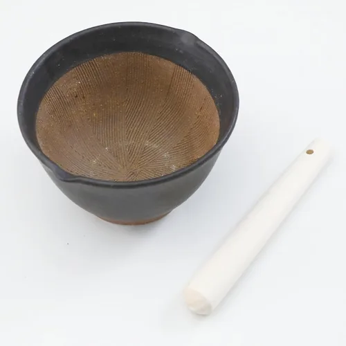 Miniatura 3 de Asayu Japanese Ceramic Black Mortar Bowl with Wooden Pestle 6.3 in (160 mm), Made in Japan Dishwasher and Microwave Safe Ripple Ridge Suribachi and