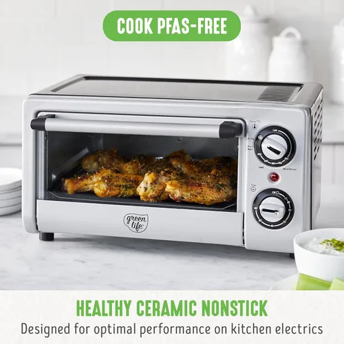 Miniatura 2 de GreenLife Horno tostador de sobremesa con freidora de aire de acero inoxidable, cerámica antiadherente saludable, libre de PFAS, bandeja y cesta