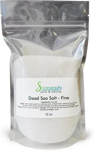 Soapeauty La sal del Mar Muerto de 12 onzas de grano fino es 100 % natural y pura utilizada en remojo de sales de baño, exfoliante de sal facial,
