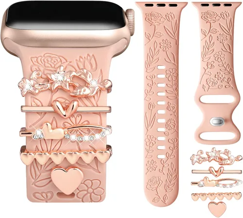 Miniatura 20 de DaQin Banda con Flor Grabada Compatible con Apple Watch, Bandas de 44mm, 42mm, 45mm, 46mm para Mujeres, Correa de Silicona Suave con Decoración