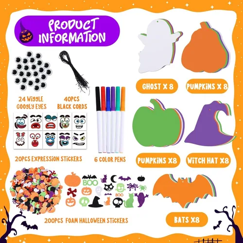 Miniatura 2 de Garma Juego de 330 calcomanías de espuma, manualidades de Halloween para niños, calabaza, fantasma, araña, murciélago, bruja, sombrero de bruja, kit