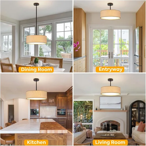 Miniatura 4 de Rattan Sloped Ceiling Light, 16.53" Woven Semi Flush Mount Boho Fabric Drum Shade, Pendant Lighting, for Dining Room, Foyer, Living Room, Hallway