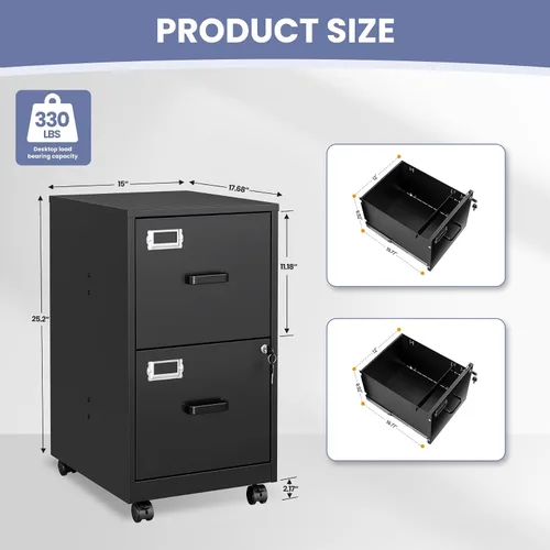 Miniatura 3 de Archivador de 2 cajones con cerradura, archivador vertical móvil para colgar carpetas tamaño A4/carta/legal, debajo del escritorio, pequeños