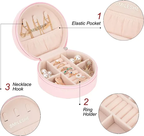 Miniatura 3 de Smileshe Joyero de viaje, mini organizador portátil con cremallera, de piel sintética, pequeñas cajas de almacenamiento para anillos, aretes
