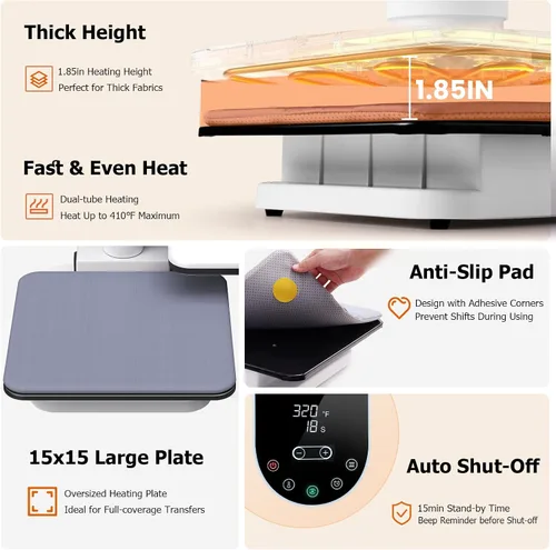 Miniatura 7 de AKEYDIY Prensa de Calor 15x15, Máquina de Prensa de Calor Automática Giratoria para Camisetas, Prensa de Calor con Giro de 360° y Liberación