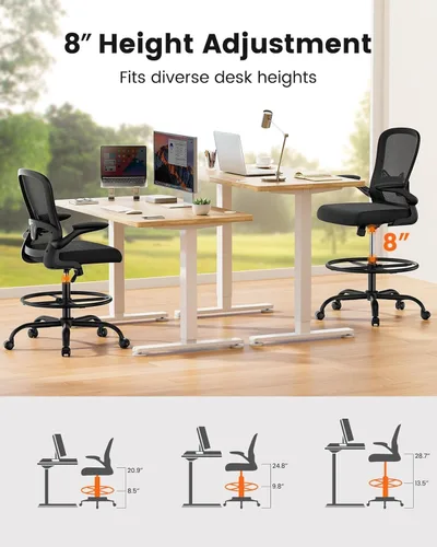 Miniatura 5 de ErGear Silla de dibujo, silla de escritorio de pie con reposabrazos abatibles, silla de escritorio alta altura ajustable, silla de oficina alta Negro
