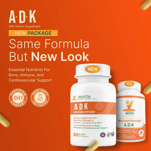 Miniatura 2 de INVITA, Suplemento vitamínico ADK – 90 cápsulas – Alta potencia de vitamina A, D3 5000 UI y K2-MK7 – Médico formulado para apoyo óseo, corazón e