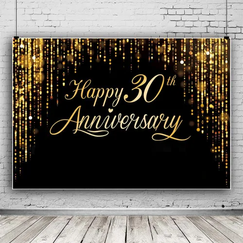 Pancarta de Feliz 30º Aniversario - Póster de Fotografía Negro Dorado para Decoración de Bodas y Fiestas de Cumpleaños