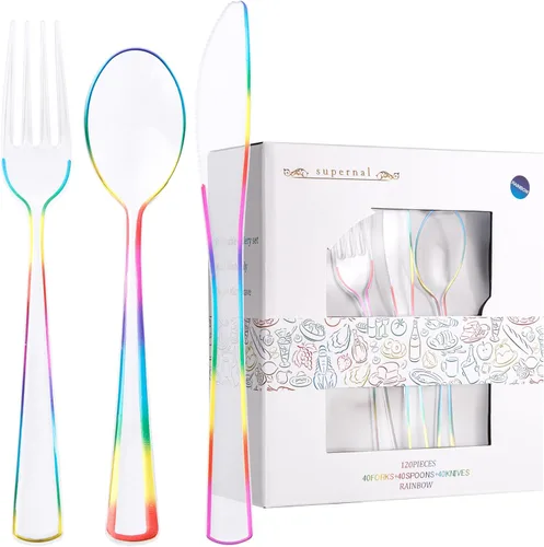 Supernal 120 PCS Cubiertos de Plástico Transparente Resistentes – Utensilios Desechables Juego de Cubiertos Coloridos Arcoíris Incluye 40 Tenedores,