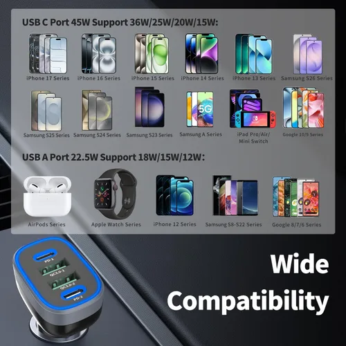 Miniatura 5 de Cargador de coche USB C, Meagoes 4 puertos 90W carga súper rápida, doble 45W USBC y QC3.0 USB 12V adaptador de encendedor de cigarrillos para iPhone