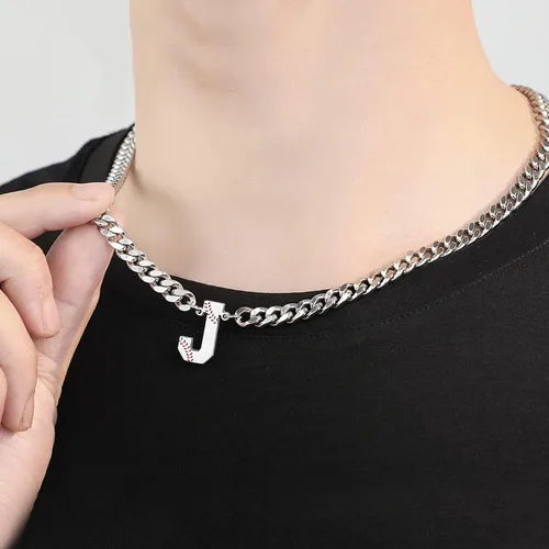 Miniatura 6 de Initial Necklace for Men Stainless Steel A-Z Letter Necklace Cuban Link Chain 18+2 Inch Personalized Baseball Football Soccer Basketball