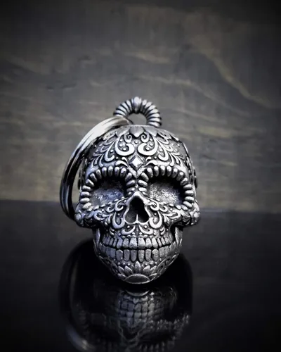 Miniatura 4 de Bravo Bells Campana de motociclista con calavera de azúcar 3D con colgador de campana, accesorio de campana de motociclista o llavero