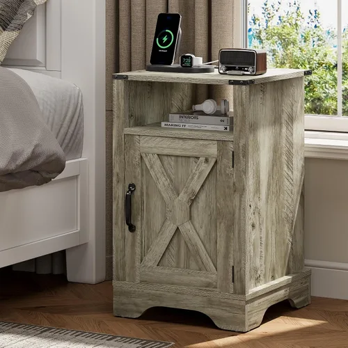 Miniatura 26 de FansaFurn Mesita de noche de granja con estación de carga, mesa auxiliar rústica de madera para dormitorio, sala de estar, 16 pulgadas de Gris claro