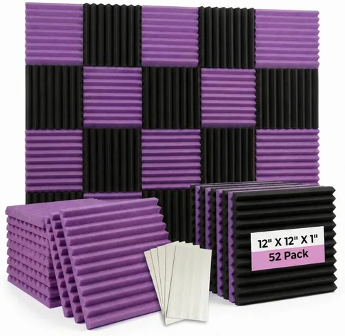 Paquete de 48 paneles acústicos de 12 x 12 x 1 pulgadas, azulejos de cuña de espuma para insonorización de estudio (24 negros + 24 púrpuras)