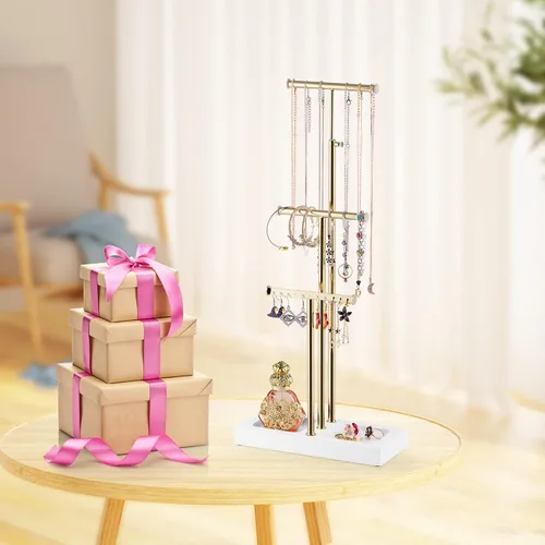Miniatura 6 de Love-KANKEI Organizador de joyas colgante con base de metal y madera, soporte para collar con árbol de 3 niveles soporte para joyas para pulseras