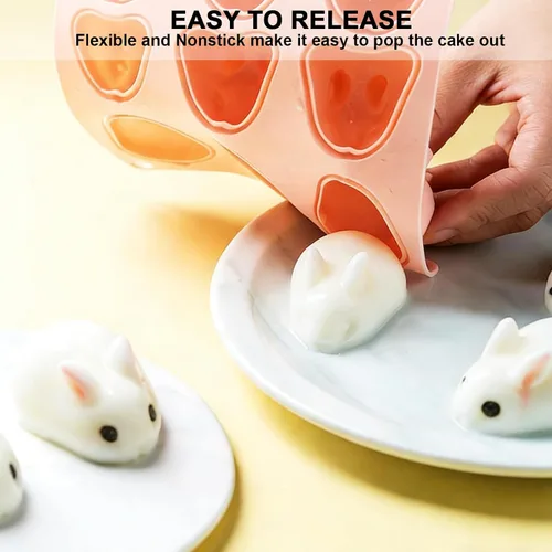 Miniatura 5 de Moldes 3D de silicona para cubitos de hielo de conejo, 2 moldes de resina de silicona en forma de conejo para mousse, fondant y helado, 6 cavidades