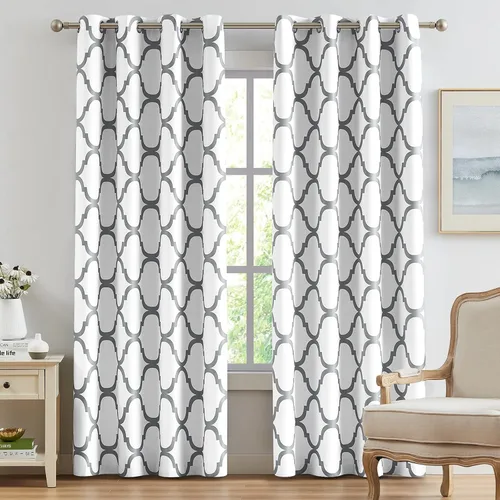 Miniatura 20 de Melodieux - Cortinas opacas estilo marroquí con aislamiento térmico y ojales para oscurecer sala de estar, 2 paneles. Blanco hueso/verde azulado