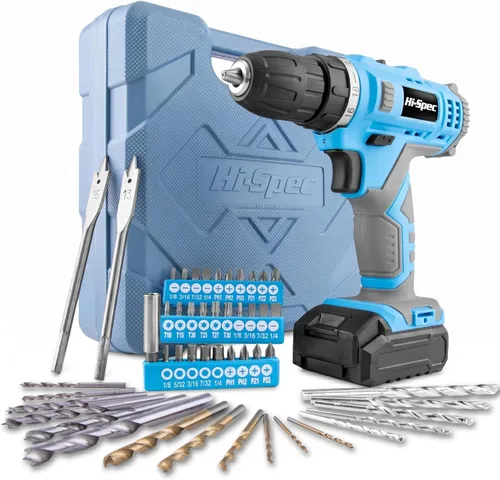 Hi-Spec Juego de taladro inalámbrico de 50 piezas de 12 V en una caja de herramientas. Incluye batería recargable, puntas de destornillador