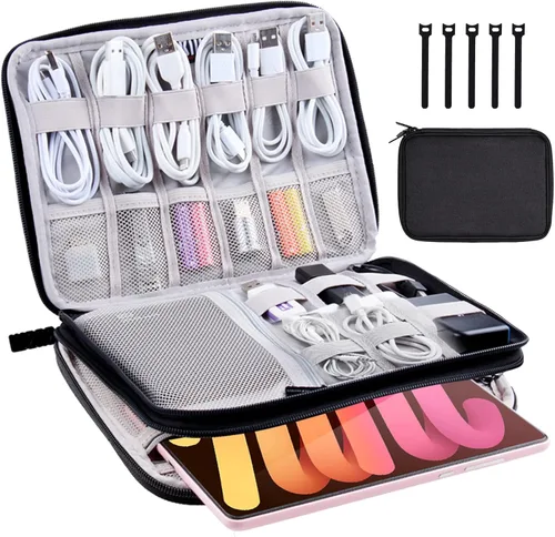 Miniatura 11 de Estuche organizador electrónico de viaje, bolsa para cables de viaje, resistente al agua, bolsa de doble capa para cables, cables, iPad Mini, regalo