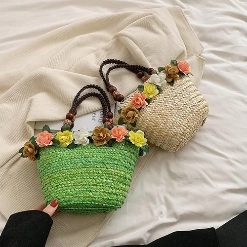 Miniatura 5 de Helenbra Bolso de mano de paja de flores para mujer, bolso de hombro con asa trenzada retro de verano, bolso de hombro bohemio para playa y viaje