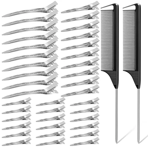 MORGLES - 3 tamaños de pinzas de metal para el cabello, 70 unidades, pinzas de cocodrilo sin arrugas para rodillos de pelo con 2 peines de Plateado
