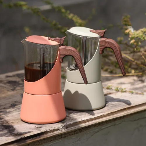 Miniatura 6 de Olla de Moka de Vidrio TWOCE para Estufa y Inducción - Cafetera de Espresso Italiana con Mango de Madera y Diseño a Prueba de Fugas - Incluye Placa