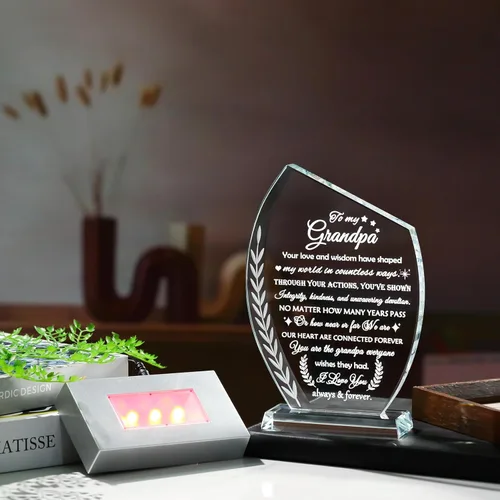 Miniatura 3 de Qianwei Regalos de cumpleaños para el abuelo de los nietos, placa de cristal único regalo para mi abuelo con base LED colorida, regalo