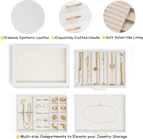 Miniatura 2 de Vlando - Joyero con 3 cajones y tapa de vidrio, organizador de cuero sintético para anillos, aretes, collares y más, estuche de joyería listo