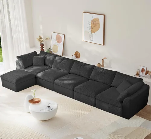 Miniatura 13 de Sofá modular de nube sin hueso de 108 pulgadas con asiento profundo para sala de estar, sofá en forma de L con otomana, tela de copo de nieve y Negro