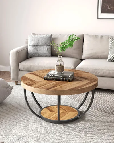Miniatura 2 de LITTLE TREE Mesa de Centro Redonda, Mesa de Centro Circular de 32" para Sala de Estar, Mesa Central de Acento de Madera de 2 Niveles con Grano