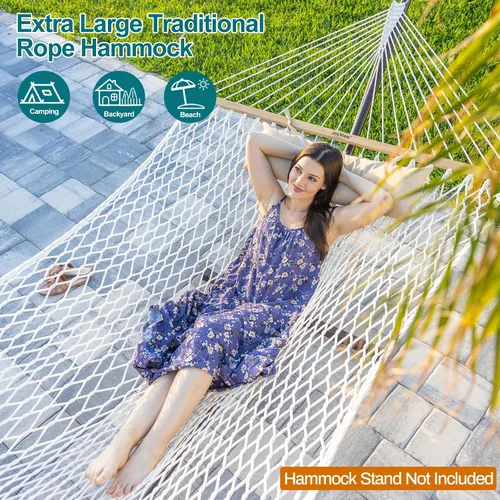 Miniatura 2 de JoyView Hamaca doble de cuerda tradicional, hamaca de algodón tejida a mano con barra separadora de madera dura y almohada, capacidad de 450 libras