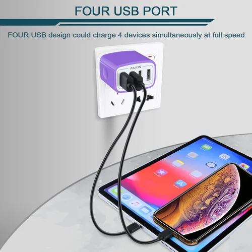 Miniatura 5 de Cargador de pared, adaptador de cargador USB, estación de carga rápida AILKIN 4.8A, 4 puertos múltiples, bloque de base de alimentación, enchufe