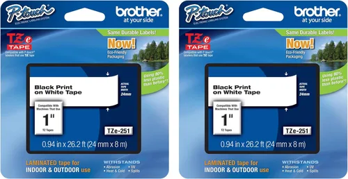 Brother P-Touch - Paquete de 2 cintas laminadas TZe-251, impresión negra sobre cinta adhesiva estándar blanca para etiquetadoras P-Touch, cada rollo