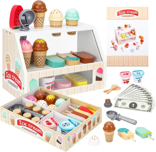 Miniatura 7 de ZJEFUNS Juguetes de Helado de Madera para Niños, Tienda de Helados de Juguete para Niños Pequeños, Comida de Simulación para Jugar, Servir con Rosa