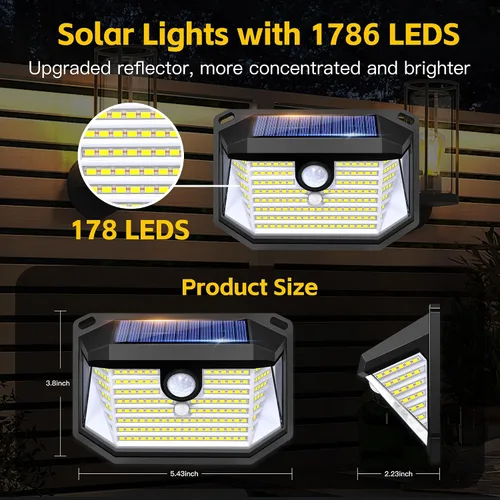 Miniatura 5 de Luces solares con sensor de movimiento para exteriores, 178 LED impermeables IP65, luz de seguridad montada en la pared con 3 modos, gran angular
