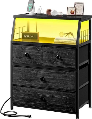 EnHomee Mesita de noche negra de 21.8 pulgadas de ancho con estación de carga y luces LED, mesita de noche con 4 cajones de tela, mesa de noche con