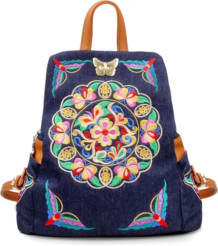 Denim bordado floral lona mochilas para mujeres antirrobo retro jeans viaje estilo étnico bolso de hombro, MochilaBolso, Unitalla, Jean Azul Marino