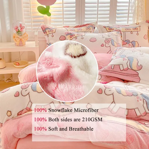 Miniatura 3 de Juego de funda de edredón de carrusel para niños, juego de ropa de cama kawaii rosa, tamaño Twin, funda de edredón y cobertor esponjosa con copos