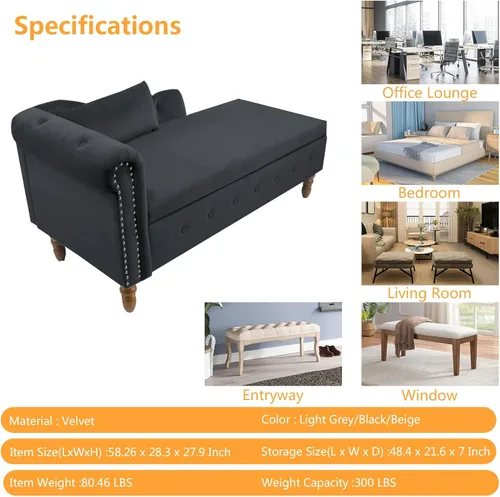 Miniatura 2 de Aoowow Banco de almacenamiento de terciopelo para dormitorio, extremo de la cama, sofá con brazo enrollado, tumbona para interiores con Negro 58