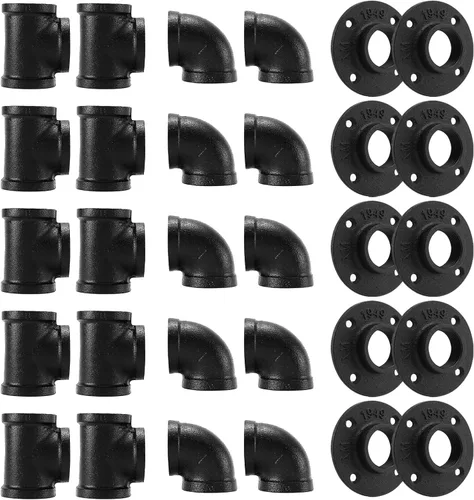 Miniatura 10 de Accesorios de tubería negros de 3/4", Home TZH - Juego de 30 unidades de brida de piso/codo/camiseta para estilo vintage industrial