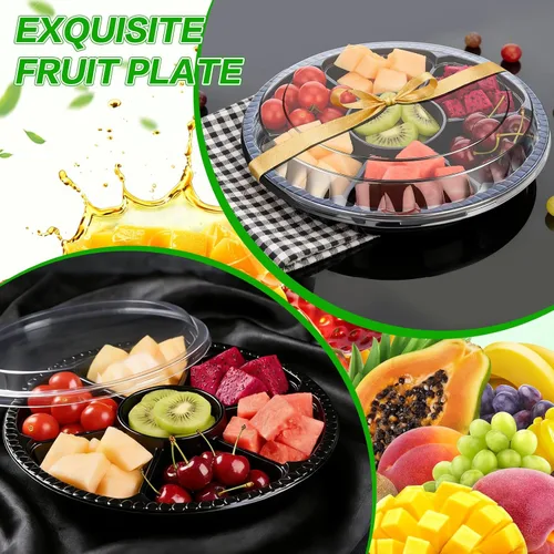 Miniatura 2 de Mwellewm 10 piezas de bandeja redonda de plástico con tapa para aperitivos, bandeja de servir dividida, contenedores desechables de almacenamiento