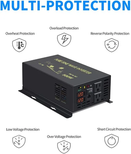 Miniatura 5 de WZRELB Inversor de corriente de onda sinusoidal pura de 500 W 12 V 120 V con 2 salidas de CA con control remoto con cable (RBP-50012WR)