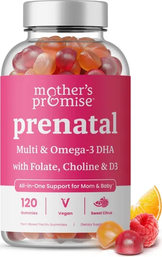 Gomitas de vitaminas prenatales con DHA | Vitaminas prenatales veganas para mujeres con Omega 3, metilfolato, colina y D3, vitaminas para el