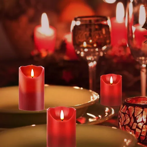 Miniatura 6 de HEIOKEY Juego de 3 velas rojas parpadeantes sin llama, velas que funcionan con pilas con control remoto de 10 teclas, vela eléctrica de pilar