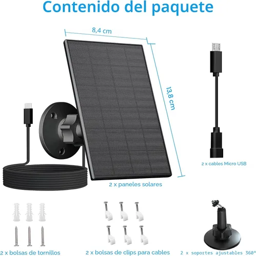 Miniatura 2 de Panel solar de 2 W para cámara de seguridad al aire libre, cargador USB/USB-C con IP65 impermeable, montaje ajustable de 360° y cable de 7.2 pies