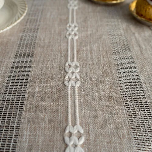 Miniatura 4 de Gernaice Mantel bordado de rayas rústicas con borlas cuadradas y pequeñas de algodón y lino, sin arrugas, lavable, para mesita de noche, café, Marrón