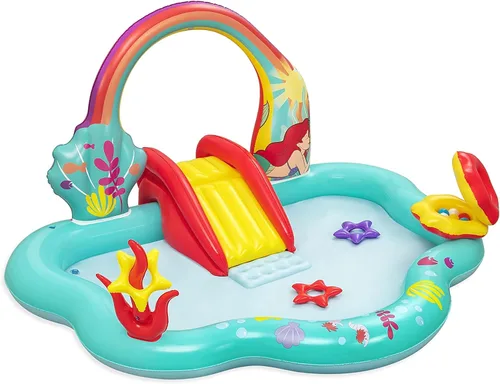 Disney Little Mermaid - Piscina inflable para niños, centro de actividades acuáticas con tobogán, lanzamiento de anillo y juego de lanzamiento de