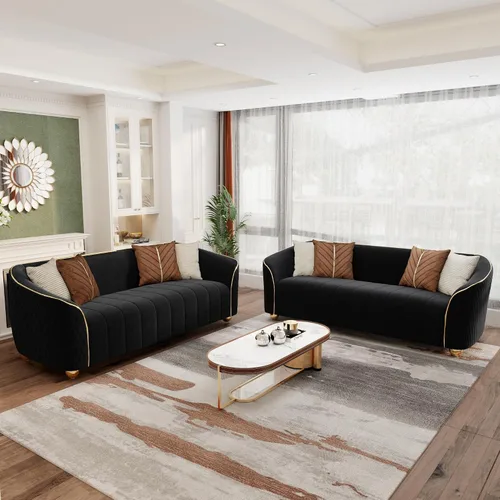 Miniatura 19 de Sofá de lujo de terciopelo retro de 3 plazas, cómodo sofá biplaza tapizado de terciopelo de 86 pulgadas con patas y almohadas de metal dorado, sofá